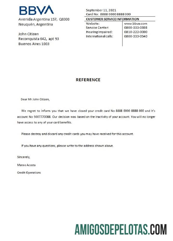 Referência de fechamento do banco BBVA da Argentina modelo